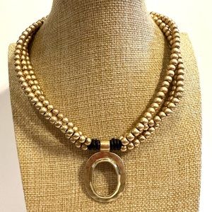 Versona Necklace gold tone multistrand ball bead chain / matte gold oval pendant